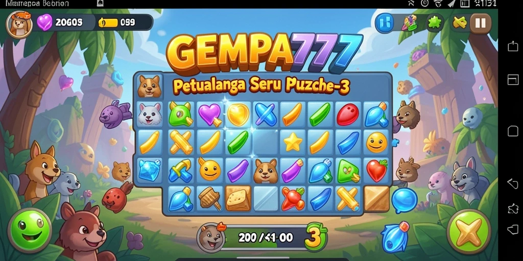 Tampilan gameplay GEMPA777 yang menampilkan aksi Match-3 yang seru.