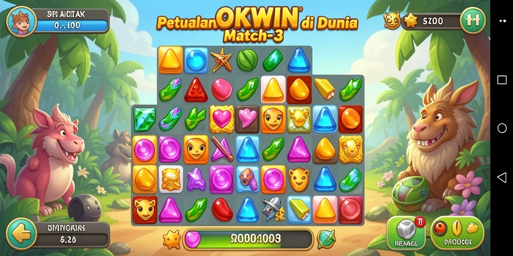 Tampilan gameplay OKWIN yang penuh warna dan seru.